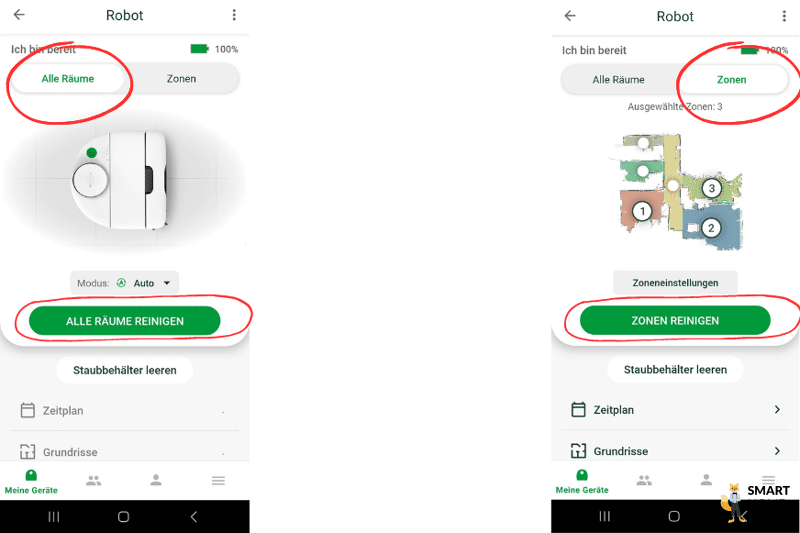 Komplettreinigung bzw. Einzelzimmerreinigung wird in der MyKobold App des Vorwerk VR7 eingestellt.
